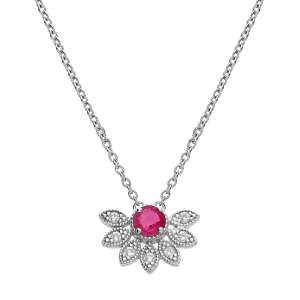 COLLIER ARGENT RHODIÉ DEMI FLEUR RUBIS VÉRITABLE ET TOPAZES BLANCHES 42+3CM