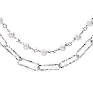 COLLIER ARGENT RHODIÉ DOUBLE CHAINE  RECTANGULAIRE PERLES BLANCHES IMITATION 40+5CM