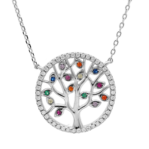COLLIER ARGENT RHODIÉ ARBRE DE VIE MULTICOULEURS CONTOUR OXYDES BLANCS SERTIS 39+4CM