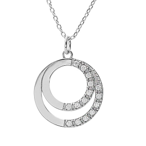 COLLIER ARGENT PLATINÉ DOUBLE CERCLE A GRAVER AVEC OXYDES BLANCS SERTIS 42+3CM