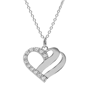 COLLIER ARGENT PLATINÉ COEUR A GRAVER AVEC OXYDES BLANCS SERTIS 42+3CM