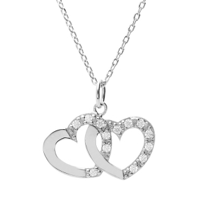 COLLIER ARGENT PLATINÉ DOUBLE COEUR A GRAVER AVEC OXYDES BLANCS SERTIS 42+3CM