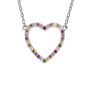 COLLIER ARGENT RHODIÉ COEUR EVIDÉ CONTOUR PIERRES SYNTHETIQUE MULTI COULEURS 42+3CM