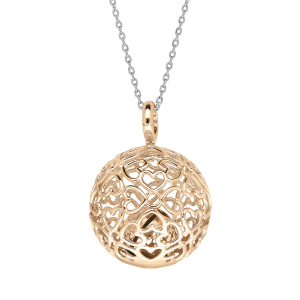 COLLIER ARGENT ET DORURE JAUNE BOLA DE GROSSESSE GROSSE BOULE 20MM COEURS AJOURES 90+20CM