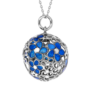 COLLIER ARGENT RHODIÉ BOLA DE GROSSESSE GROSSE BOULE AJOUREE FLEURS BLEUES 90+10CM