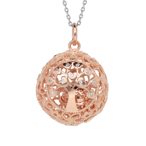 COLLIER ARGENT ET DORURE ROSE BOLA DE GROSSESSE GROSSE BOULE AJOUREES ARBRE DE VIE 90+20CM