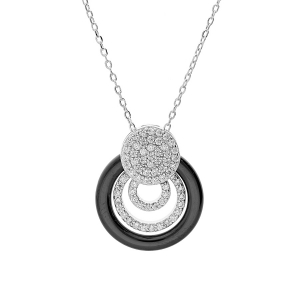 COLLIER ARGENT RHODIÉ MASSIF ANNEAU CERAMIQUE NOIRE ET PASTILLES OXYDES BLANCS SERTIS 40+5CM