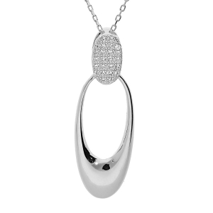 COLLIER ARGENT RHODIÉ MASSIF PENDENTIF OVAL ET OXYDES BLANCS SERTIS 40+5CM