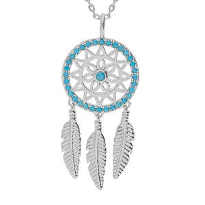 COLLIER ARGENT RHODIÉ PENDENTIF ATTRAPE REVES OXYDES BLEUS 50+5CM