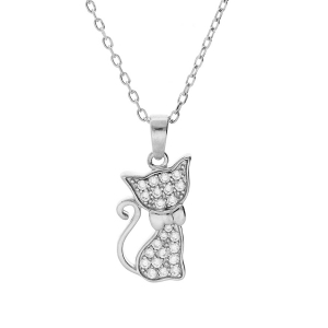 COLLIER ARGENT RHODIÉ PENDENTIF CHAT OXYDES BLANCS SERTIS 43CM REGLABLE 41 ET 39CM