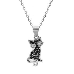 COLLIER ARGENT RHODIÉ PENDENTIF CHAT OXYDES NOIRS SERTIS 43CM REGLABLE 41 ET 39CM