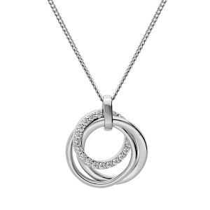 COLLIER ARGENT RHODIÉ PENDENTIF NOEUD D'AMOUR 3 CERCLES OXYDES BLANCS SERTIS  41+5CM