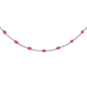 COLLIER ARGENT RHODIE OLIVES RESINE ROSE FLUO 40+5CM