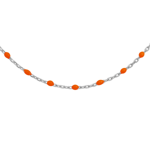 COLLIER ARGENT RHODIE OLIVES RESINE ORANGE FLUO 40+5CM