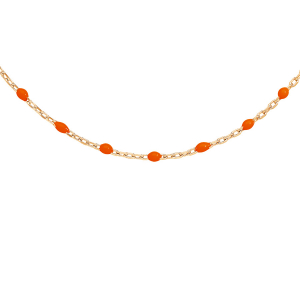 COLLIER ARGENT ET DORÉ JAUNE OLIVES RESINE ORANGE FLUO 40+5CM