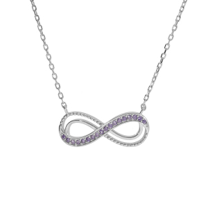 COLLIER ARGENT RHODIÉ MOTIF INFINI AJOURÉ AVEC OXYDES VIOLET  SERTIS 40+5CM