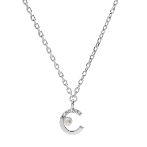 COLLIER ARGENT RHODIÉ PENDENTIF DEMI CERCLE PERLE IMITATION BLANCHE ET OXYDES BLANCS SERTIS 42+3CM