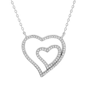 COLLIER ARGENT RHODIÉ DOUBLE COEUR OXYDES BLANCS SERTIS 41+2CM