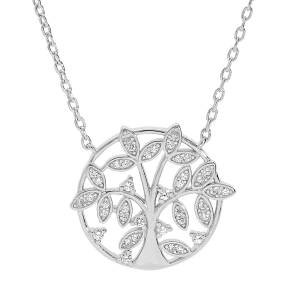 COLLIER ARGENT RHODIÉ ROND ARBRE DE VIE OXYDES BLANCS SERTIS 39+2,5CM