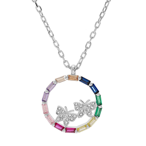 COLLIER ARGENT RHODIÉ CERCLE PIERRES SYNTHETIQUE MULTICOULEURS AVEC 2 PAPILLONS OXYDES BLANCS SERTIS 41+2,5CM