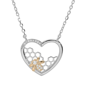 COLLIER ARGENT RHODIÉ COEUR AVEC MOTIF ABEILLE ET OXYDES BLANCS SERTIS 40+3CM