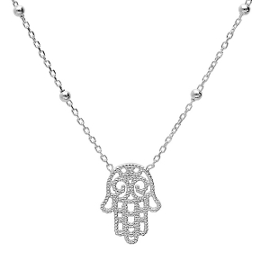 COLLIER ARGENT RHODIÉ FINE BOULES MAIN DE FATMA 38+5CM