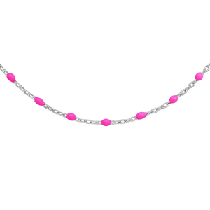 SAUTOIR ARGENT RHODIE OLIVES RESINE ROSE FLUO 60+10CM