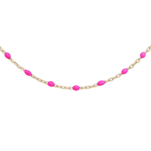 SAUTOIR ARGENT ET DORE JAUNE OLIVES RESINE ROSE FLUO 60+10CM