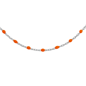 SAUTOIR ARGENT RHODIE OLIVES RESINE ORANGE FLUO 60+10CM