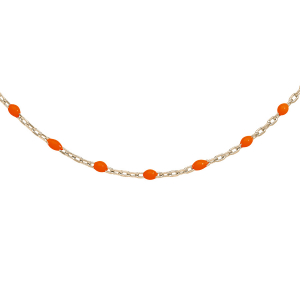 SAUTOIR ARGENT ET DORURE JAUNE OLIVES RESINE ORANGE FLUO 60+10CM