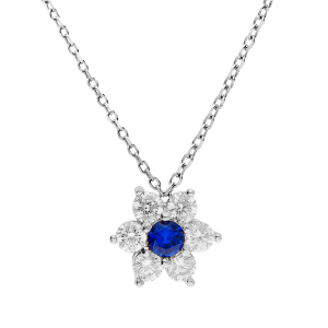 COLLIER ARGENT RHODIÉ PENDENTIF FLEUR MARGUERITE OXYDES CENTRE BLEU FONCÉ ET CONTOUR BLANCS SERTIS  40+5CM