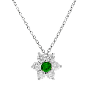 COLLIER ARGENT RHODIÉ PENDENTIF MARGUERITE OXYDES CENTRE VERT FONCÉ ET CONTOUR BLANCS SERTIS  40+5CM