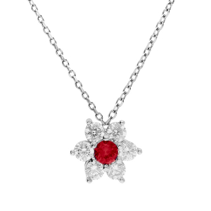 COLLIER ARGENT RHODIÉ PENDENTIF MARGUERITE OXYDES CENTRE ROUGE FONCÉ ET CONTOUR BLANCS SERTIS  40+5CM