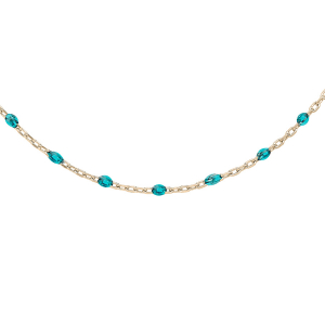 SAUTOIR ARGENT ET DORURE JAUNE OLIVES RESINE BLEU TRANSPARENT 60+10CM