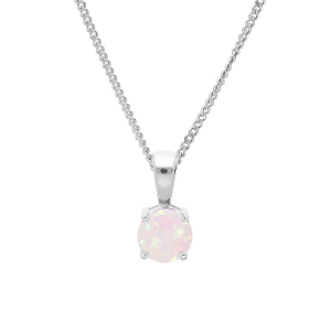 COLLIER ARGENT RHODIÉ PENDENTIF ROND OPALE BLANCHE IMITATION 5MM SERTI 4 GRIFFES 42+3CM
