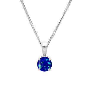 COLLIER ARGENT RHODIÉ PENDENTIF ROND OPALE BLEU FONCÉ IMITATION 5MM SERTI 4 GRIFFES 42+3CM