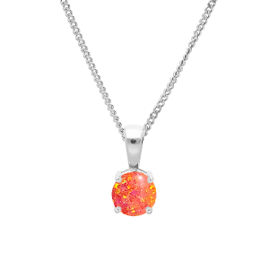 COLLIER ARGENT RHODIÉ PENDENTIF CARRÉ OPALE ORANGE IMITATION 5MM SERTI 4 GRIFFES  42+3CM