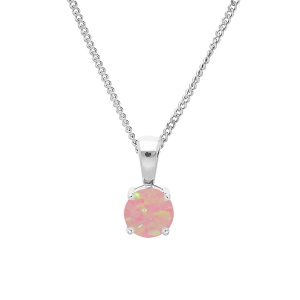 COLLIER ARGENT RHODIÉ PENDENTIF ROND OPALE ROSE IMITATION 5MM SERTI 4 GRIFFES 42+3CM