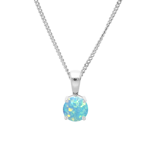 COLLIER ARGENT RHODIÉ PENDENTIF ROND OPALE TURQUOISE IMITATION 5MM SERTI  4 GRIFFES 42+3CM