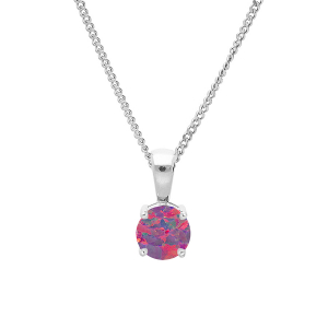 COLLIER ARGENT RHODIÉ PENDENTIF ROND OPALE VIOLET IMITATION 5M SERTI  4 GRIFFES 42+3CM