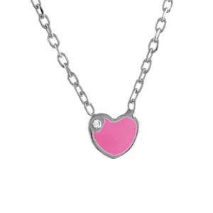 COLLIER ARGENT RHODIÉ ENFANT COEUR ROSE + PT PIERRES BLANCHES 36+4CM