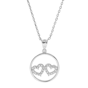 COLLIER ARGENT RHODIÉ PENDENTIF CERCLE DOUBLE COEUR OXYDES BLANCS 40+5CM