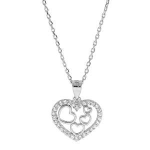 COLLIER ARGENT RHODIÉ PENDENTIF COEUR CONTOUR OXYDES BLANCS SERTIS 40+5CM