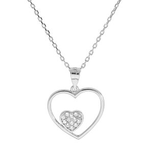 COLLIER ARGENT RHODIÉ PENDENTIF COEUR EVIDE AVEC PETIT COEUR OXYDES BLANCS SERTIS 40+5CM