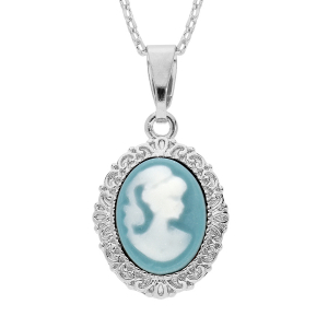 COLLIER ARGENT RHODIÉ PENDENTIF CAMÉE BLEU 40+5CM
