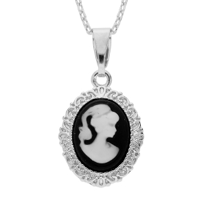 COLLIER ARGENT RHODIÉ PENDENTIF CAMÉE NOIR 40+5CM