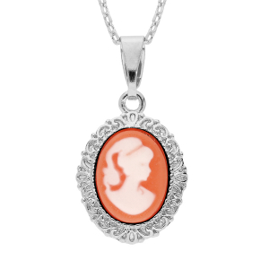 COLLIER ARGENT RHODIÉ PENDENTIF CAMÉE ROSE 40+5CM