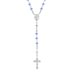 COLLIER ARGENT RHODIÉ CHAPELET VERRE FACETE BLEU 50+5CM