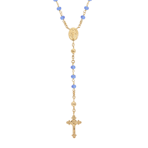 COLLIER ARGENT ET DORURE JAUNE CHAPELET VERRE FACETE BLEU 50+5CM