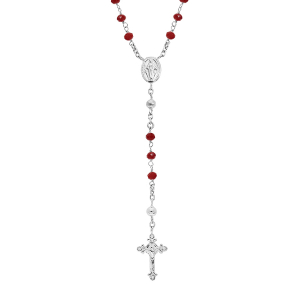 COLLIER ARGENT RHODIÉ CHAPELET VERRE FACETE GRENAT 50+5CM